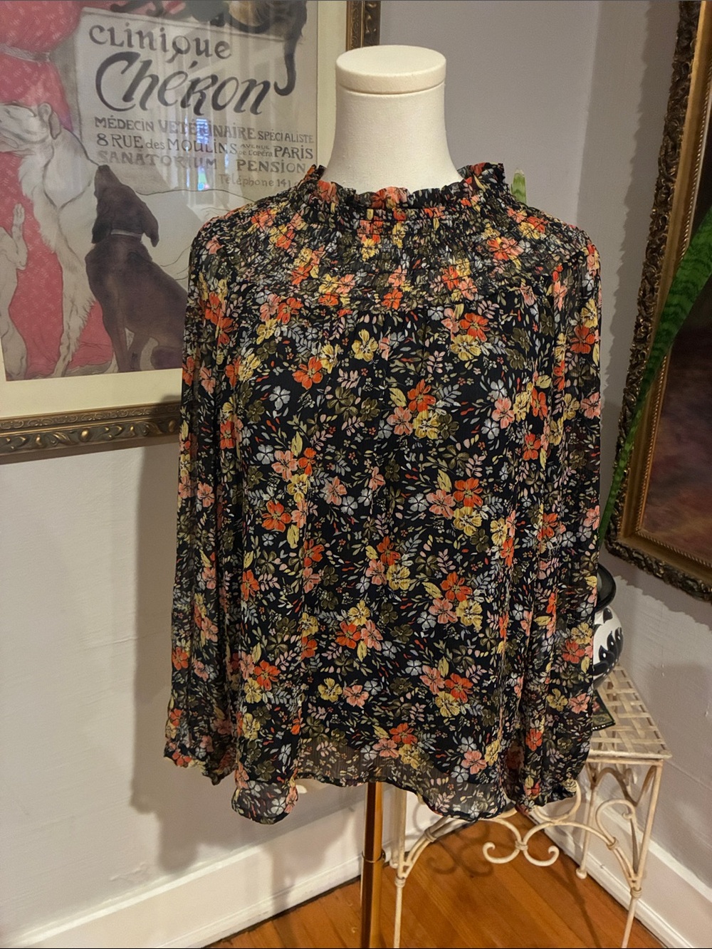 Loft Smocked Neck Black Floral Long-Sleeve Blouse S